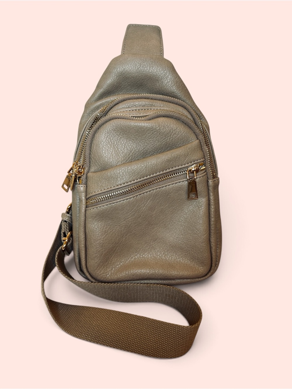 Taupe Faux Leather Sling Bag Crossbody Gold Hardware
